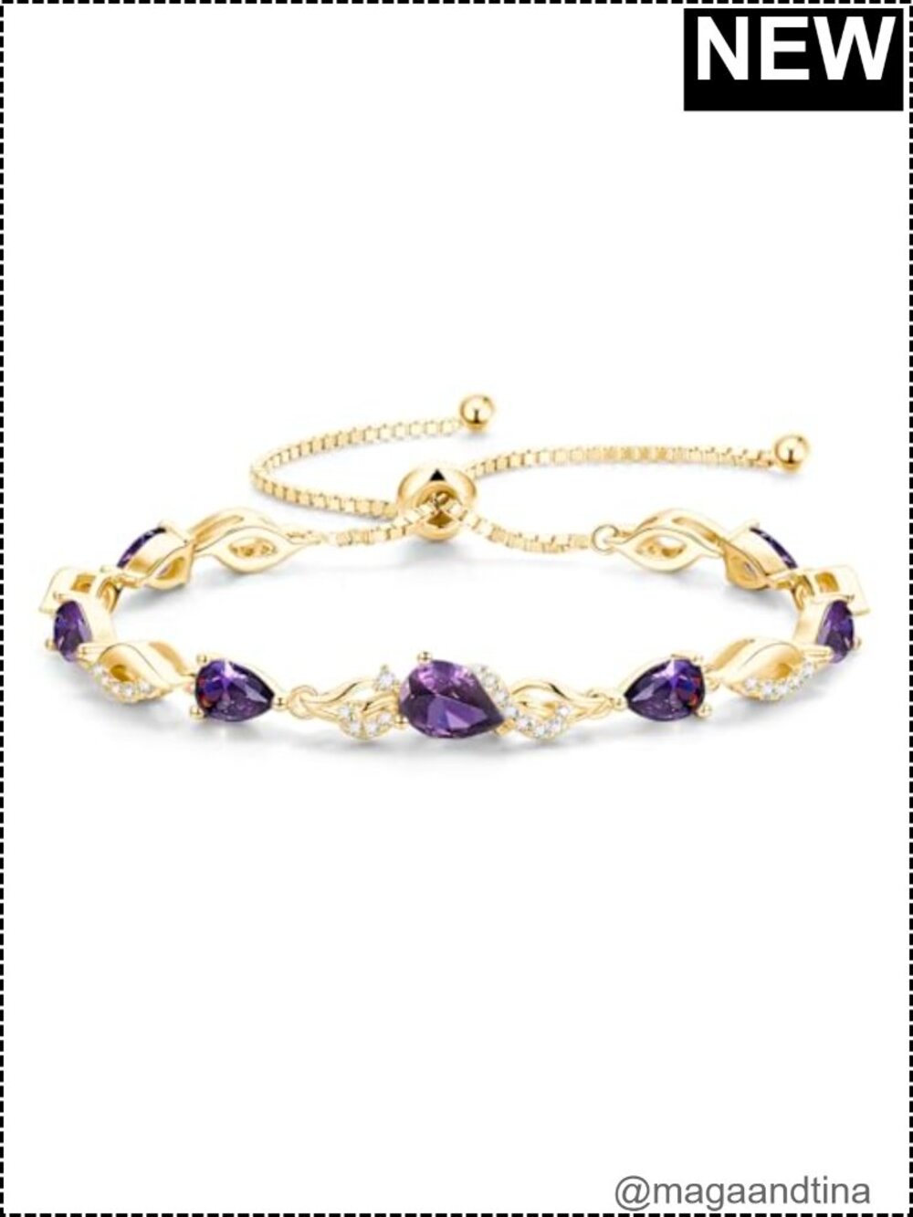 14K Gold Plated Sterling Silver Amethyst Teardrop Tennis Bracelet Adjustable